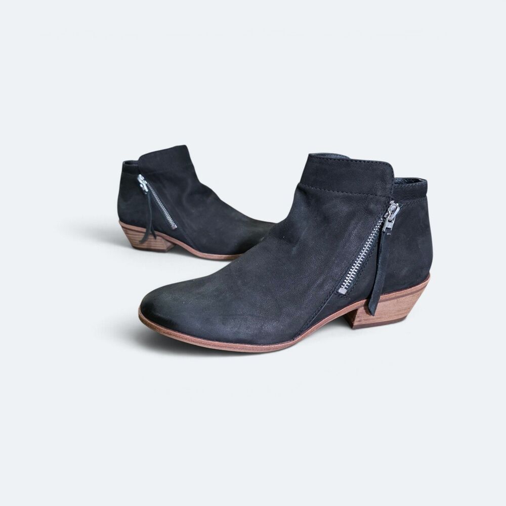 Sam Edelman Packer Black Leather Double Zip Ankle Booties Stacked Heel 8.5